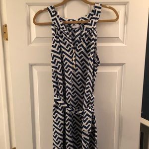 Navy and white dress with gold buttons